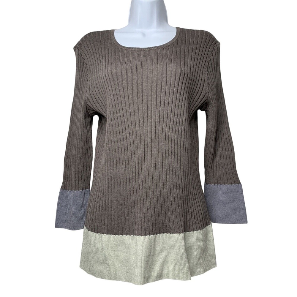 St. John Sweater Womens Size Large‎ Brown Wool Blend Ribbed Color Block Pullover